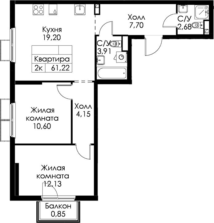 2-комнатная квартира 61.22 м², 9/15 эт., ЖК «Янинский лес»